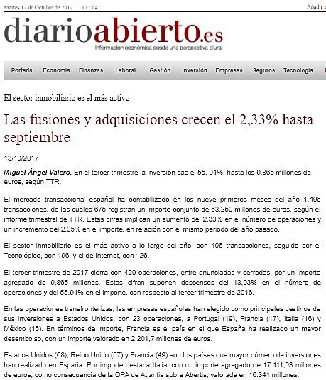 Las fusiones y adquisiciones crecen el 2,33% hasta septiembre